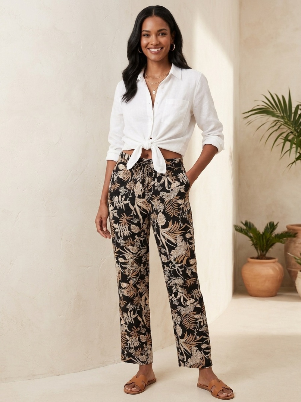 🖤🤎🌿NWT Per Se “Livin’ in Linen Tropical Floral Linen Blend Wide-Leg Pants” Sz XL
